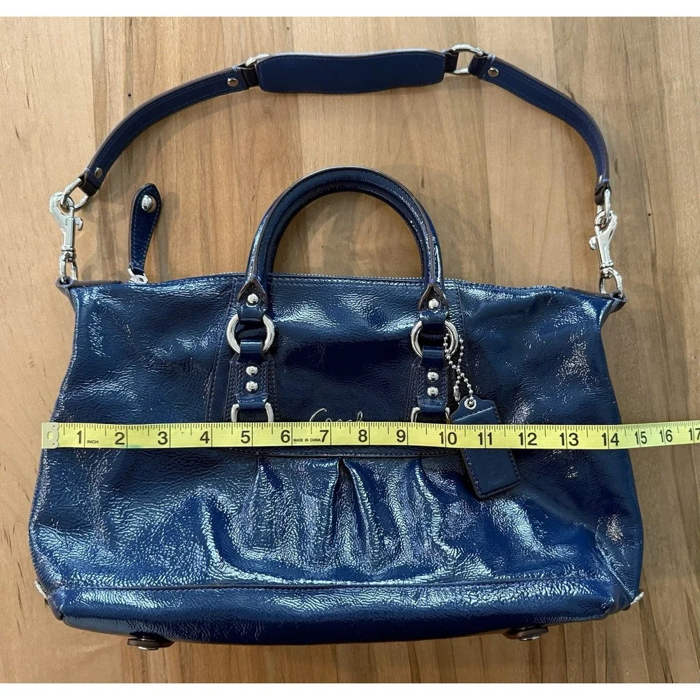 Coach Ashley Satchel Navy Blue Crinkled Patent Leather Convertible Design